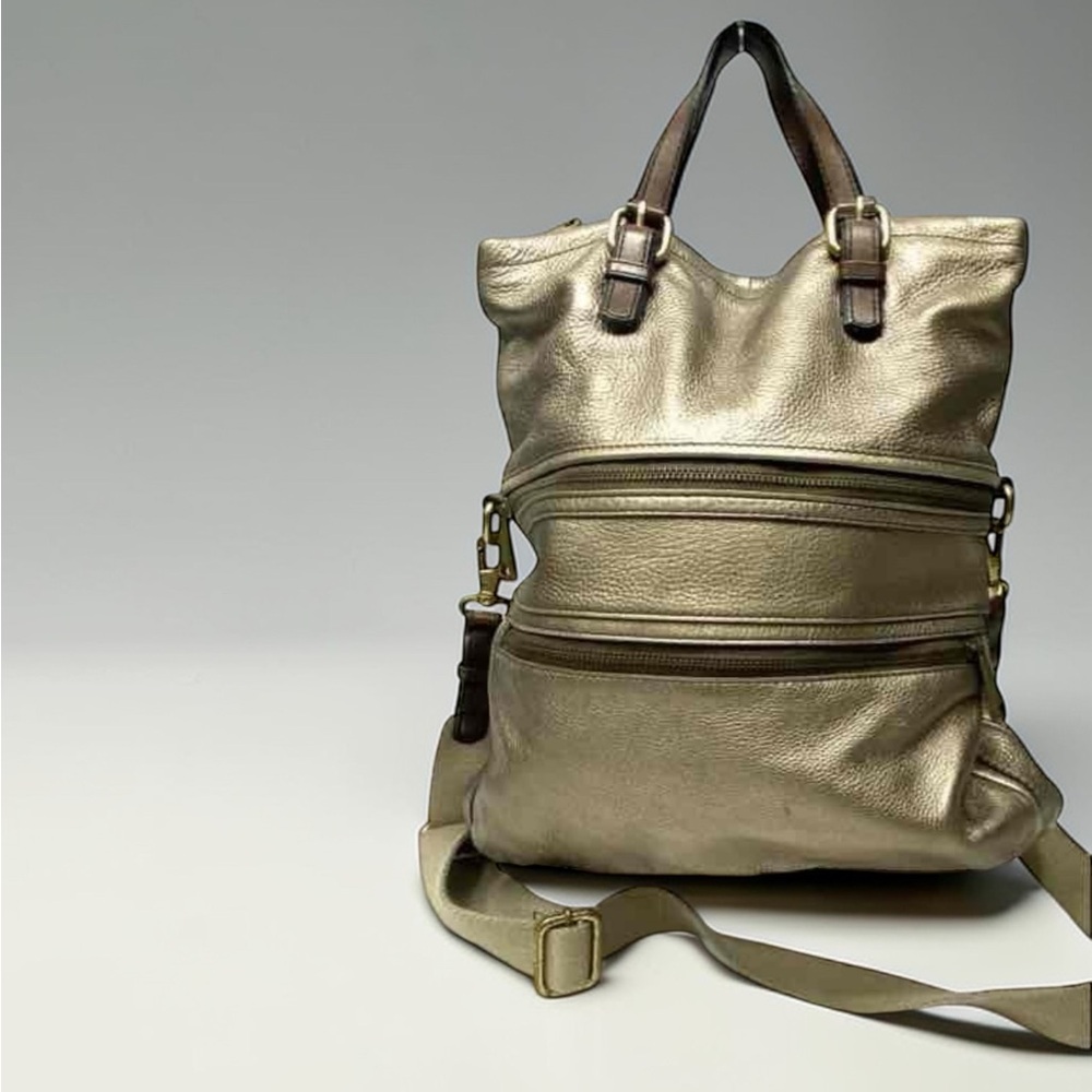 Fossil Explorer Foldover Tote Crossbody Bag Metallic Bronze Leather Large - Picture 4 of 9